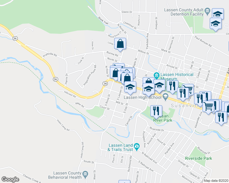 map of restaurants, bars, coffee shops, grocery stores, and more near 606 Cottage Street in Susanville