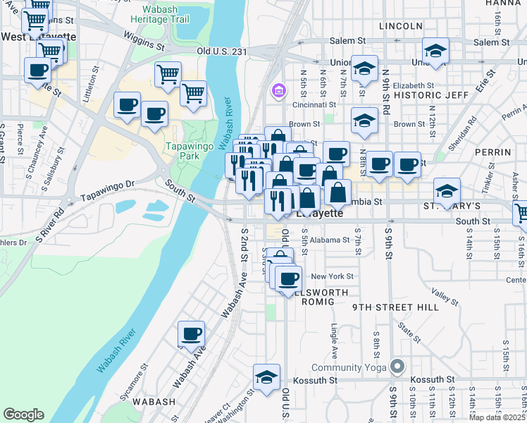 map of restaurants, bars, coffee shops, grocery stores, and more near 14 North 3rd Street in Lafayette