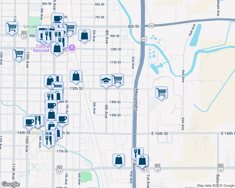 map of restaurants, bars, coffee shops, grocery stores, and more near 1323 3rd Avenue in Greeley