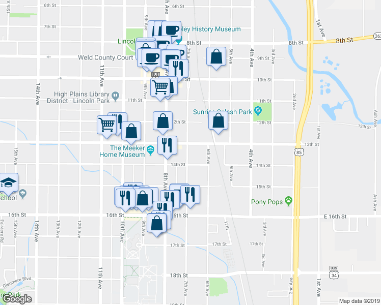 map of restaurants, bars, coffee shops, grocery stores, and more near 1323 7th Avenue in Greeley