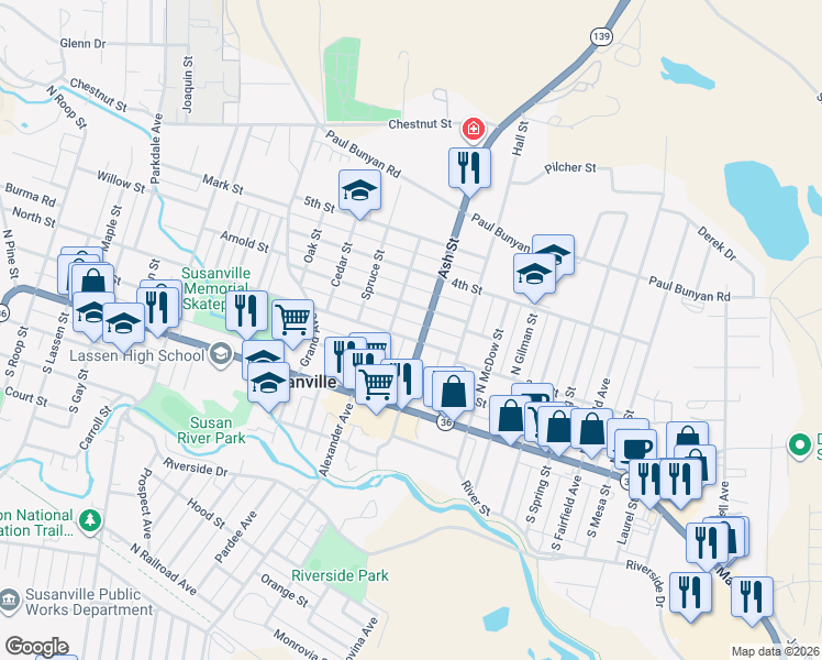 map of restaurants, bars, coffee shops, grocery stores, and more near 1701 North Street in Susanville
