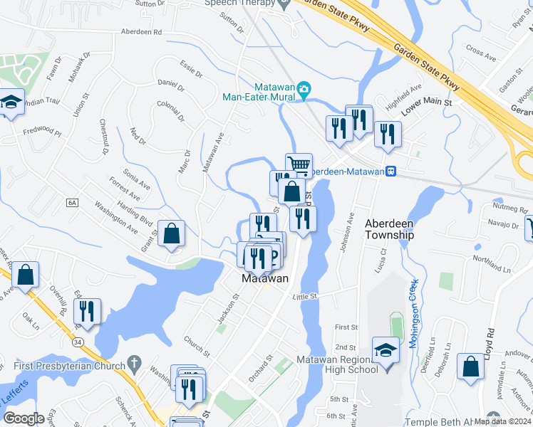 map of restaurants, bars, coffee shops, grocery stores, and more near 84 Main Street in Matawan
