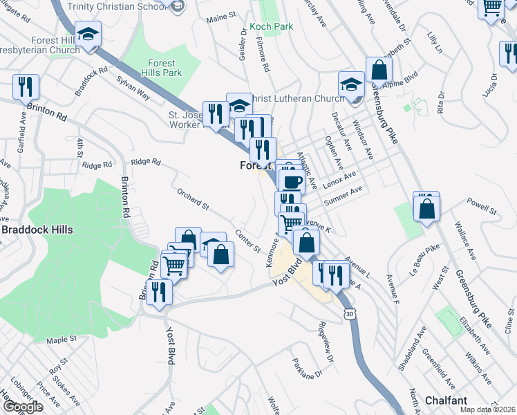 map of restaurants, bars, coffee shops, grocery stores, and more near 26 Lee Avenue in Pittsburgh