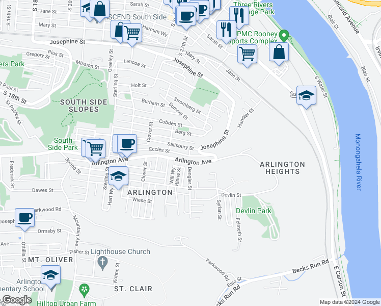map of restaurants, bars, coffee shops, grocery stores, and more near 2816 Eccles Street in Pittsburgh
