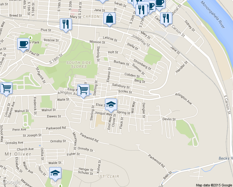 map of restaurants, bars, coffee shops, grocery stores, and more near 2506 Arlington Avenue in Pittsburgh