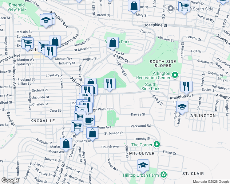 map of restaurants, bars, coffee shops, grocery stores, and more near 1786 Arlington Avenue in Pittsburgh