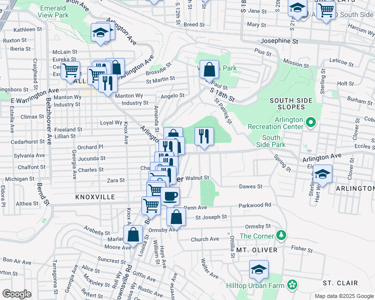 map of restaurants, bars, coffee shops, grocery stores, and more near 101 Brownsville Road in Pittsburgh