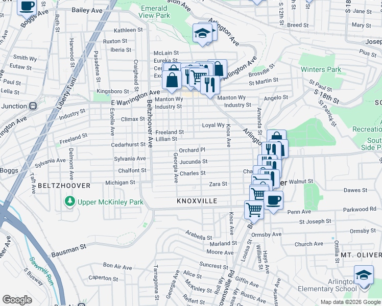 map of restaurants, bars, coffee shops, grocery stores, and more near 307 Sylvania Way in Pittsburgh