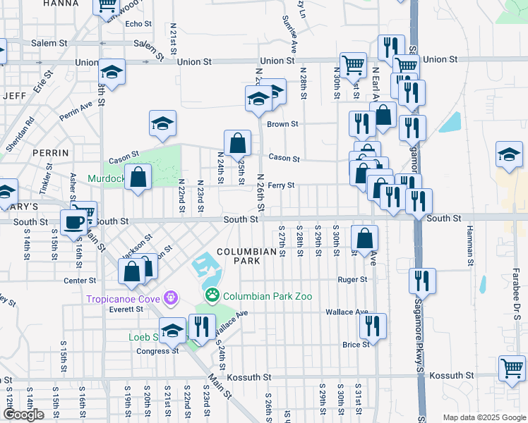 map of restaurants, bars, coffee shops, grocery stores, and more near 2525 South Street in Lafayette