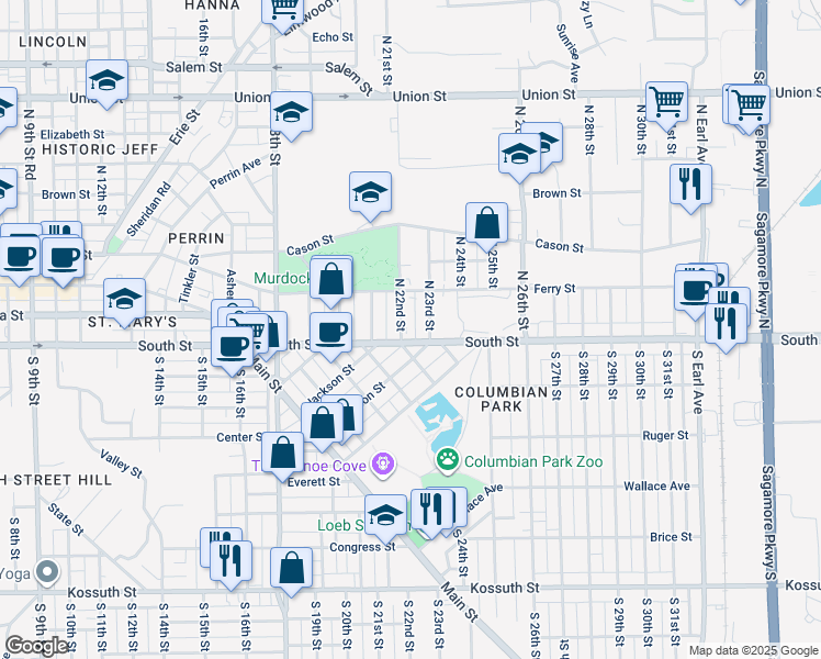map of restaurants, bars, coffee shops, grocery stores, and more near 2120 South Street in Lafayette