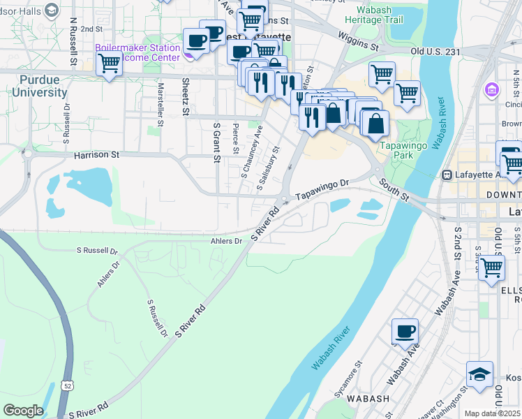 map of restaurants, bars, coffee shops, grocery stores, and more near 427 South River Road in West Lafayette
