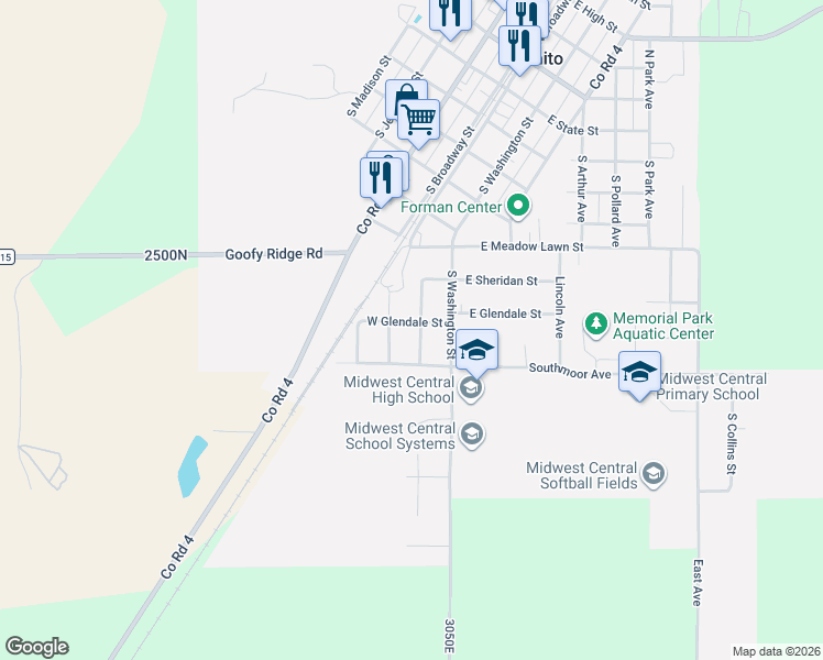 map of restaurants, bars, coffee shops, grocery stores, and more near 801 Meadow Lane in Manito