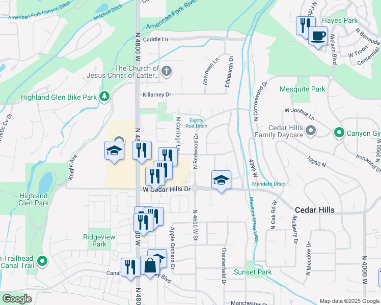 map of restaurants, bars, coffee shops, grocery stores, and more near 4616 West Carriage Lane in Cedar Hills