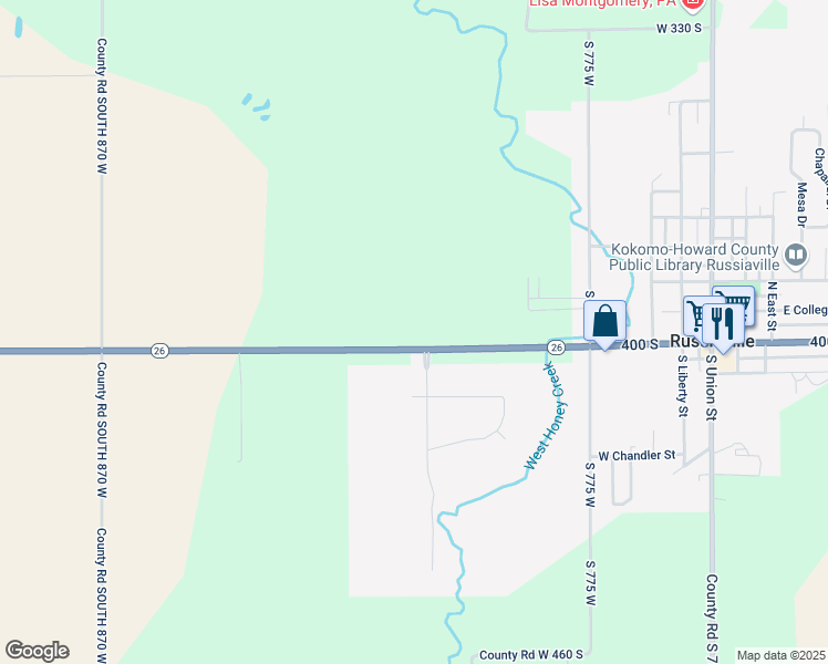 map of restaurants, bars, coffee shops, grocery stores, and more near 8106 County Road West 400 South in Russiaville