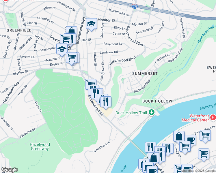 map of restaurants, bars, coffee shops, grocery stores, and more near 3237 Beechwood Boulevard in Pittsburgh