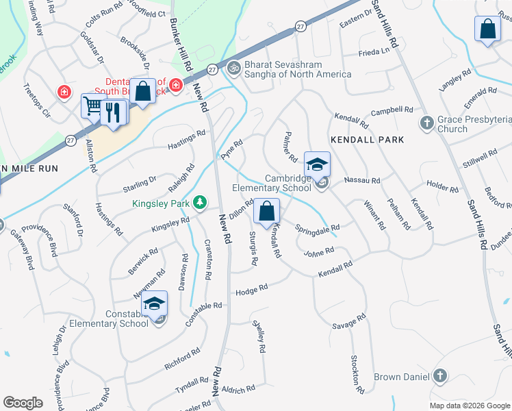 map of restaurants, bars, coffee shops, grocery stores, and more near 2 Sturgis Road in South Brunswick Township
