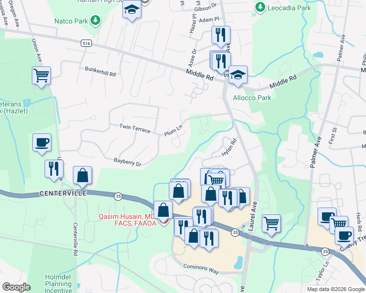 map of restaurants, bars, coffee shops, grocery stores, and more near 18 Painted Wagon Road in Holmdel