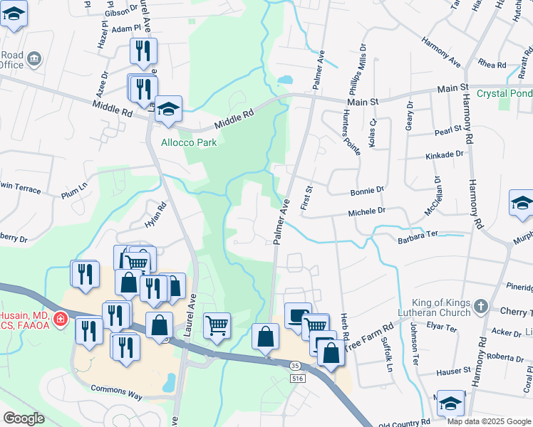 map of restaurants, bars, coffee shops, grocery stores, and more near 114 Gettysburg Lane in Holmdel