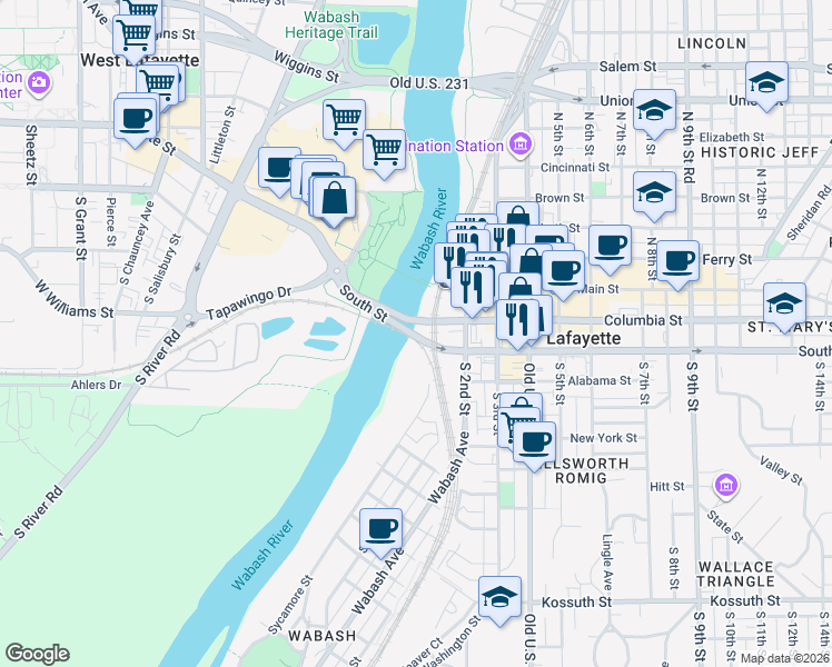 map of restaurants, bars, coffee shops, grocery stores, and more near 20 South Street in Lafayette