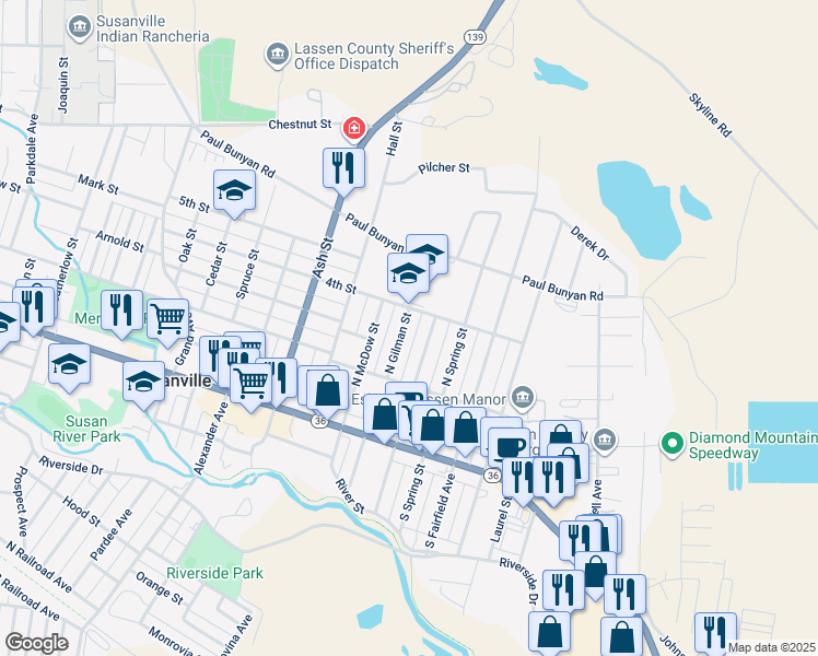 map of restaurants, bars, coffee shops, grocery stores, and more near 320 North Sacramento Street in Susanville