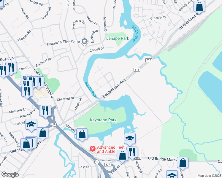 map of restaurants, bars, coffee shops, grocery stores, and more near 47 Bordentown Avenue in Sayreville