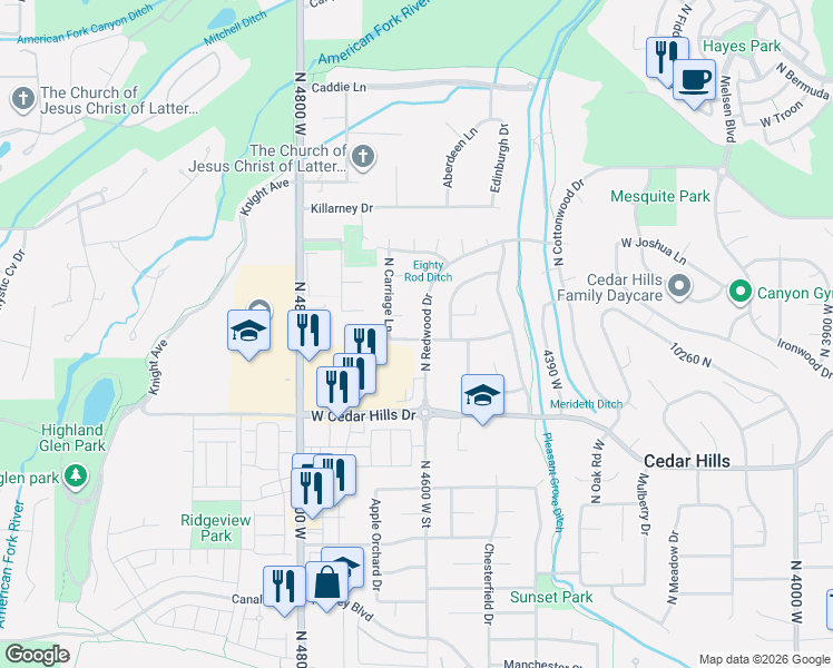 map of restaurants, bars, coffee shops, grocery stores, and more near 4616 West Carriage Lane in Cedar Hills