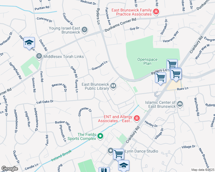 map of restaurants, bars, coffee shops, grocery stores, and more near 15 Civic Center Drive in East Brunswick