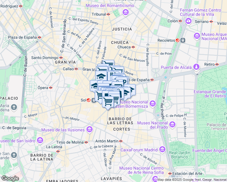 map of restaurants, bars, coffee shops, grocery stores, and more near 15 Calle de Alcalá in Madrid