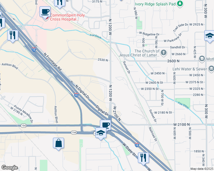 map of restaurants, bars, coffee shops, grocery stores, and more near 2200 North 1200 West Street in Lehi