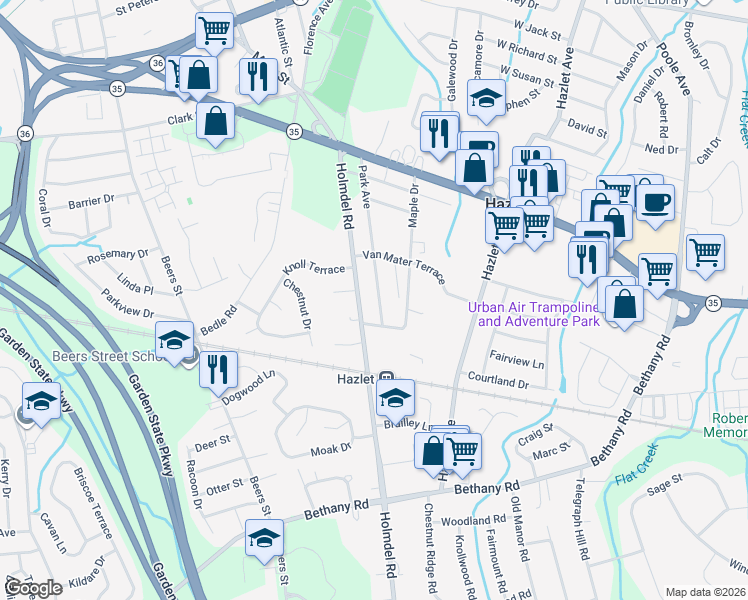 map of restaurants, bars, coffee shops, grocery stores, and more near 610 Holmdel Road in Hazlet