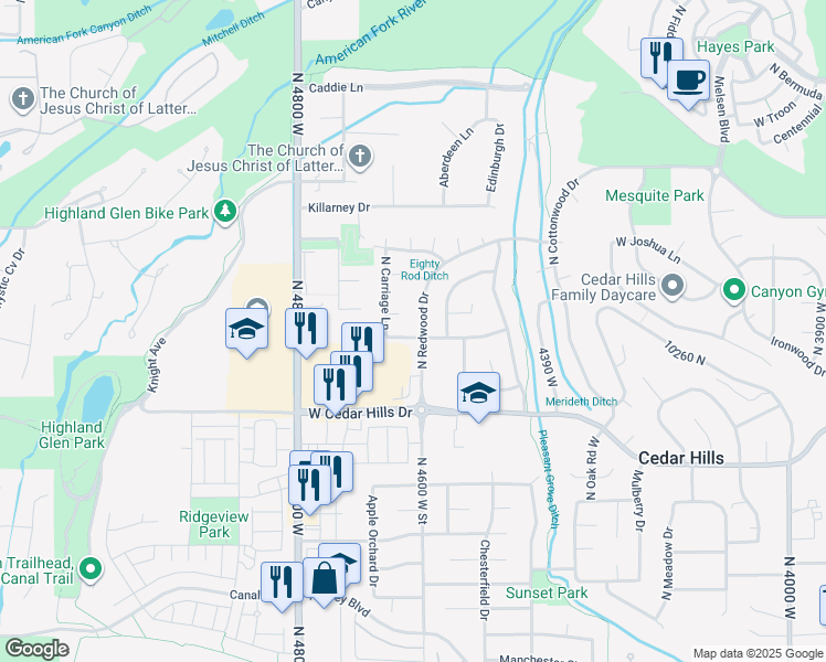 map of restaurants, bars, coffee shops, grocery stores, and more near 4616 West Carriage Lane in Cedar Hills