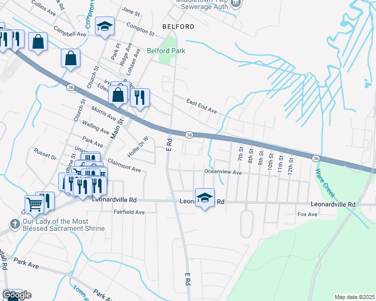 map of restaurants, bars, coffee shops, grocery stores, and more near 1107 Wedgewood Circle in Middletown