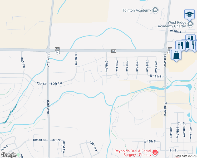 map of restaurants, bars, coffee shops, grocery stores, and more near 8150 West 12th Street in Greeley
