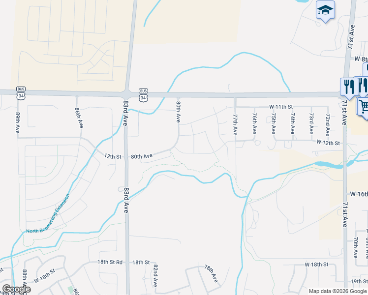 map of restaurants, bars, coffee shops, grocery stores, and more near 7904 West 12th Street in Greeley