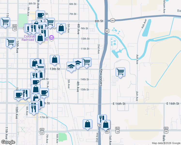 map of restaurants, bars, coffee shops, grocery stores, and more near 1323 3rd Avenue in Greeley