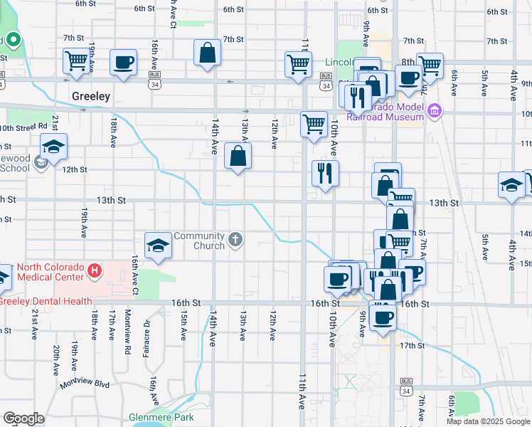 map of restaurants, bars, coffee shops, grocery stores, and more near 1315 12th Avenue in Greeley