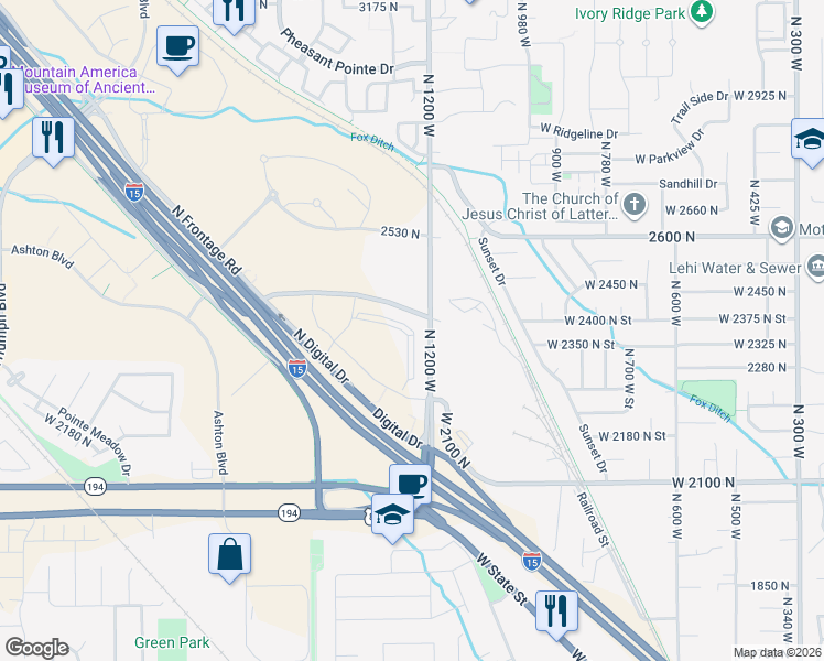 map of restaurants, bars, coffee shops, grocery stores, and more near 2200 N 1200 W in Lehi