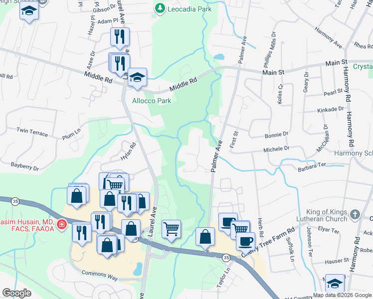 map of restaurants, bars, coffee shops, grocery stores, and more near 96 Cranbrook Court in Holmdel
