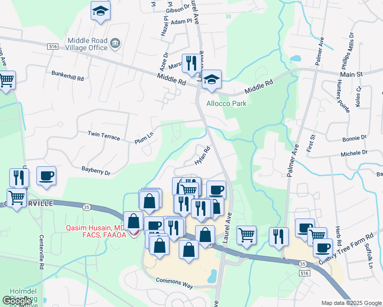 map of restaurants, bars, coffee shops, grocery stores, and more near 18 Durant Avenue in Holmdel