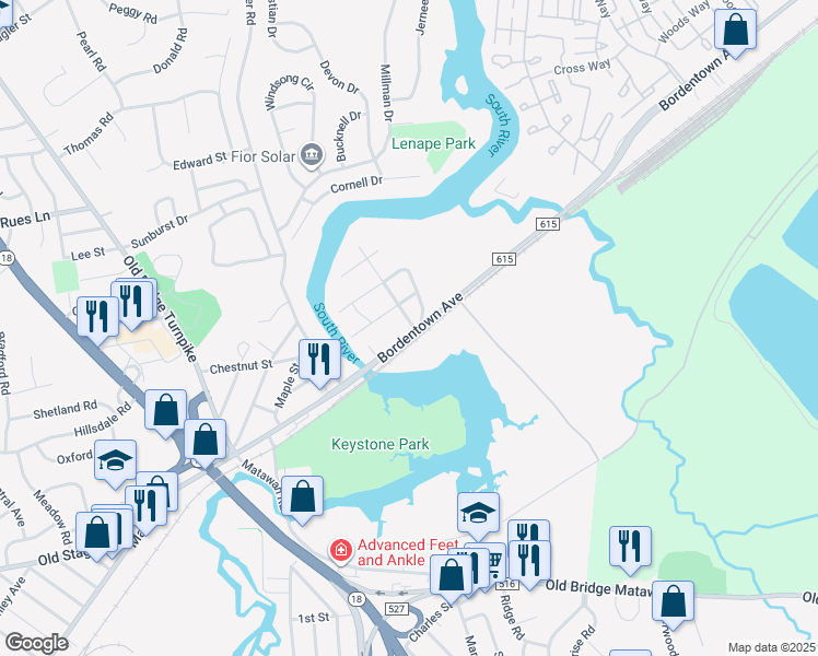 map of restaurants, bars, coffee shops, grocery stores, and more near 47 Bordentown Avenue in Sayreville