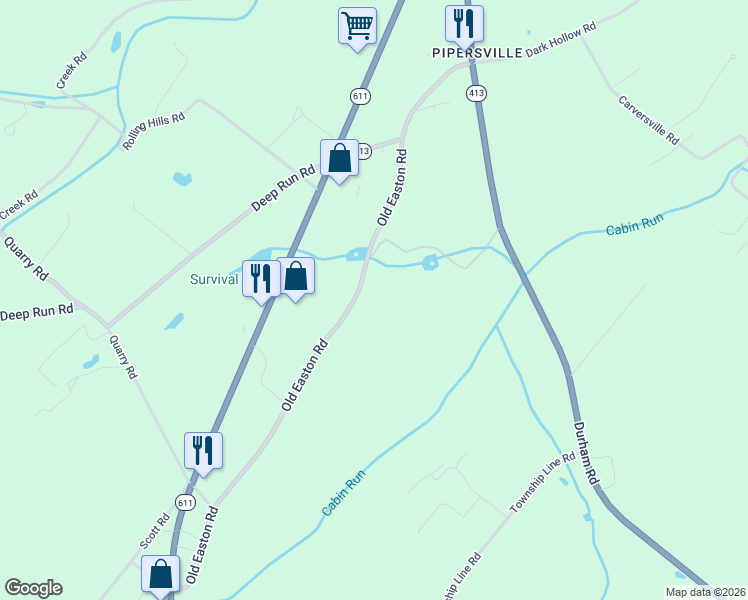 map of restaurants, bars, coffee shops, grocery stores, and more near 6810 Old Easton Road in Bucks County