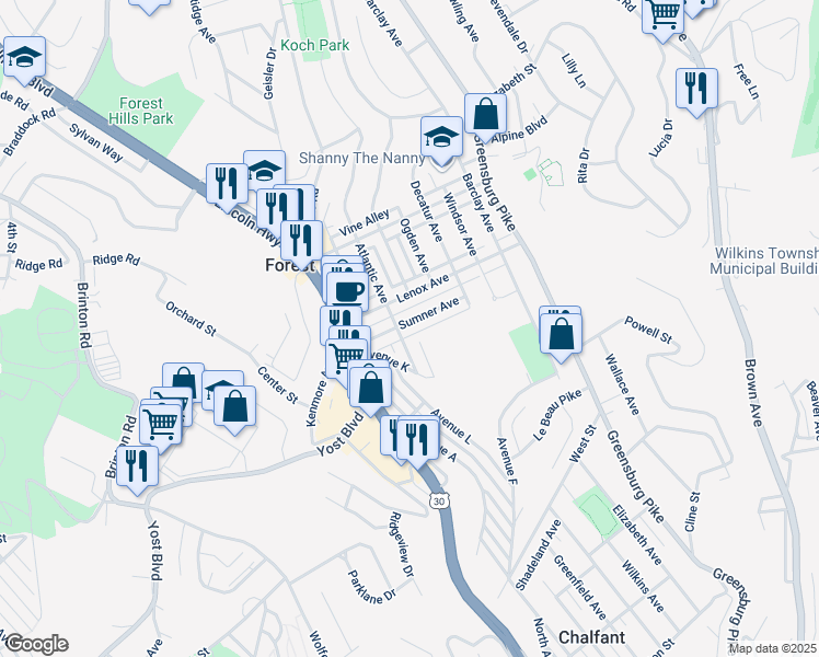 map of restaurants, bars, coffee shops, grocery stores, and more near 705 Atlantic Avenue in Pittsburgh