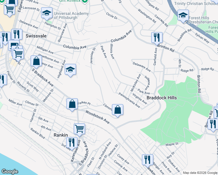 map of restaurants, bars, coffee shops, grocery stores, and more near 125 Montana Avenue in Pittsburgh