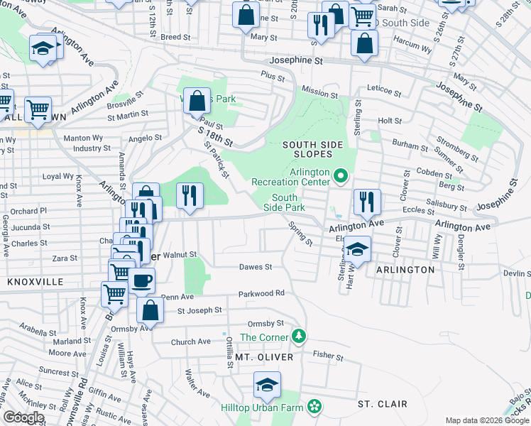 map of restaurants, bars, coffee shops, grocery stores, and more near 1914 Arlington Avenue in Pittsburgh