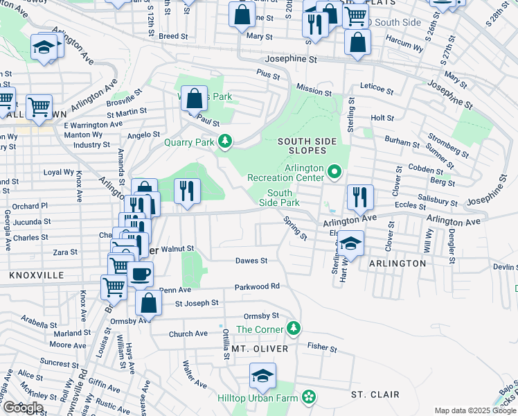 map of restaurants, bars, coffee shops, grocery stores, and more near 1914 Arlington Avenue in Pittsburgh