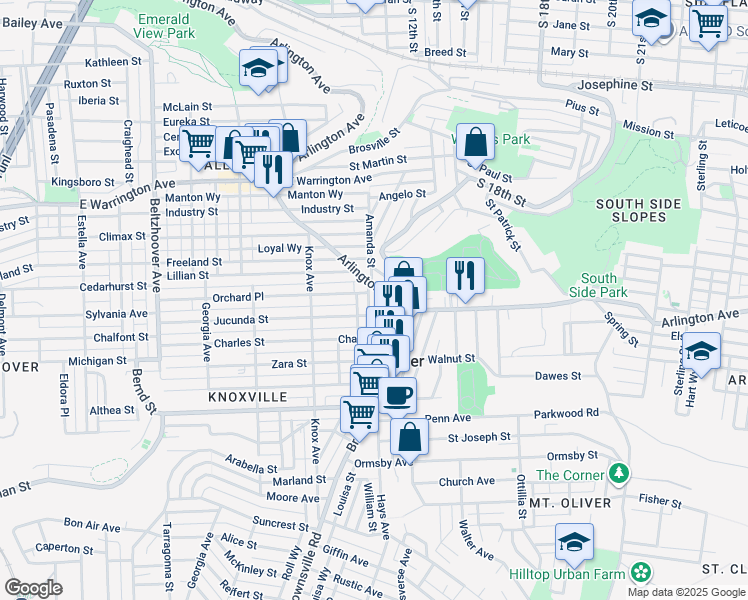 map of restaurants, bars, coffee shops, grocery stores, and more near 1630 Arlington Avenue in Pittsburgh
