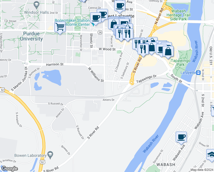 map of restaurants, bars, coffee shops, grocery stores, and more near 426 South Grant Street in West Lafayette