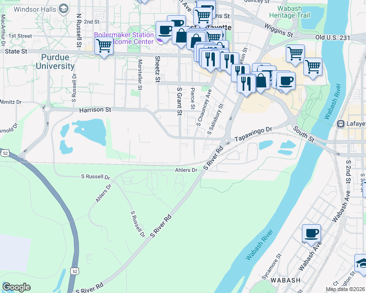 map of restaurants, bars, coffee shops, grocery stores, and more near 426 South Grant Street in West Lafayette