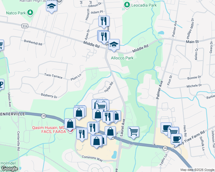 map of restaurants, bars, coffee shops, grocery stores, and more near 2 Oxford Road in Holmdel