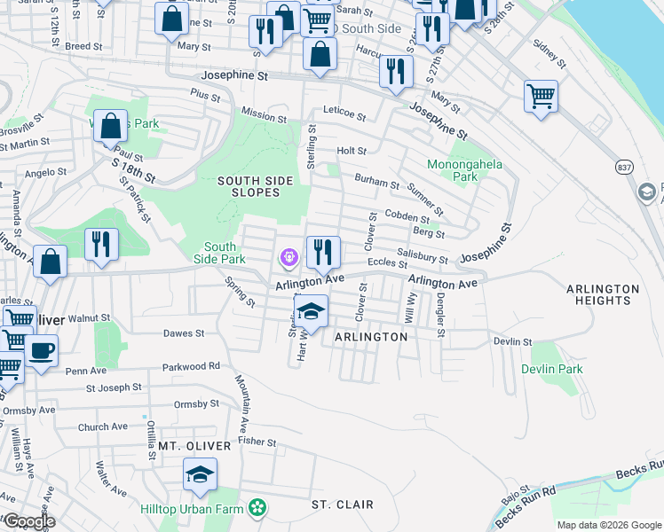 map of restaurants, bars, coffee shops, grocery stores, and more near 2405 Arlington Avenue in Pittsburgh